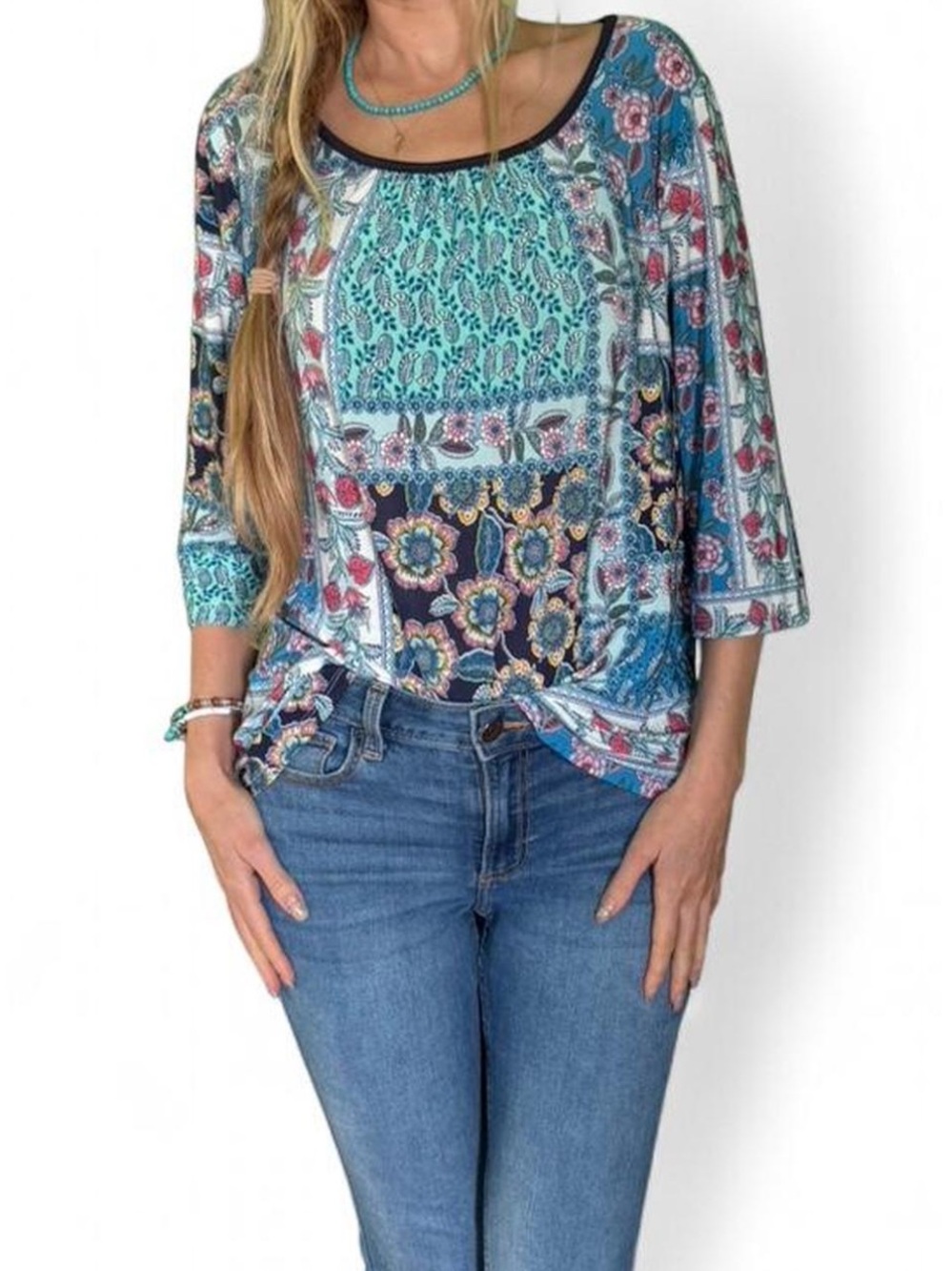 Artsy patchwork whimsical grandma silky boho chic blouse XL